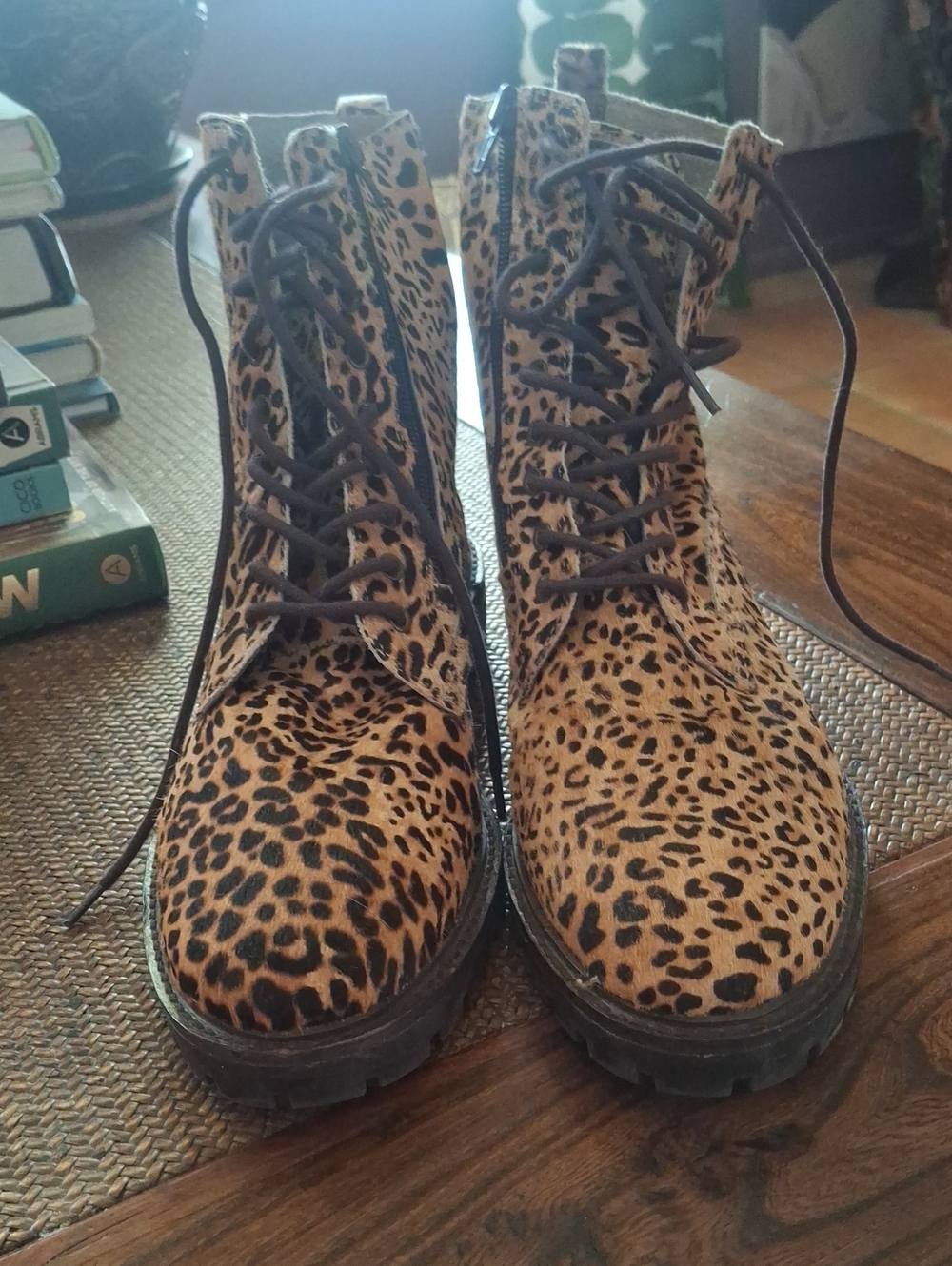 Rare Lucky Brand Leopard Print Lace-Up Women's Combat Boots - Tan/Black